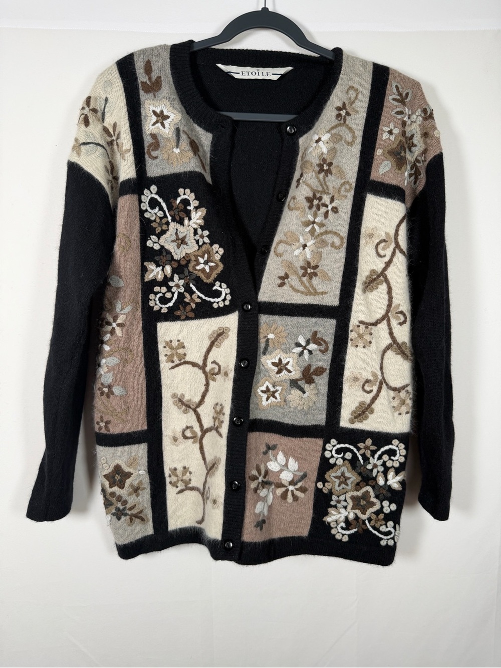 Vintage Black Embroidered Floral Patchwork Cardigan Sweater Cottagecore Granny